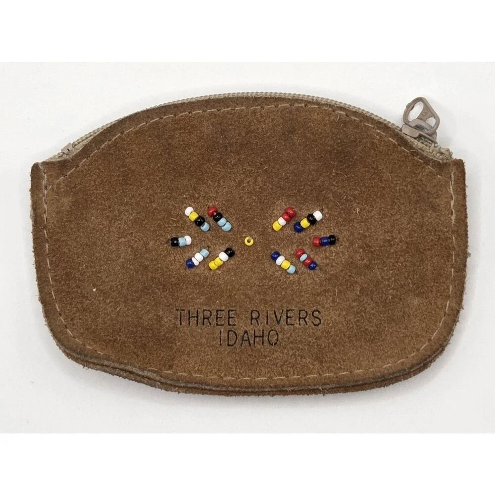 VTG Three Rivers Idaho Beaded Suede Leather Souvenir Coin Purse Zippered Native